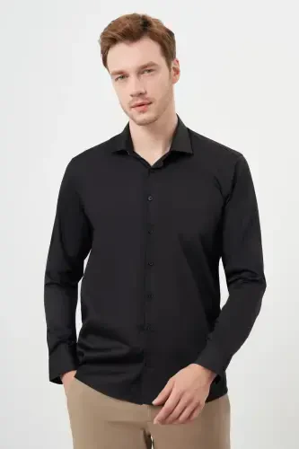 Morven Erkek Siyah Pamuk Düz Desen İtalyan Yaka Slim Fit Gömlek - MORVEN (1)