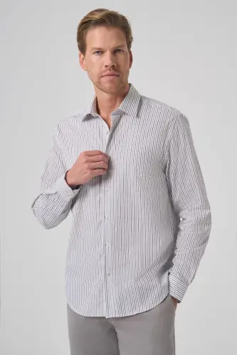 Morven Erkek Siyah Pamuk Trend Çizgili Dynamic Fit Sert Yaka Gömlek - 3