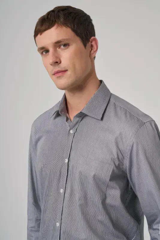 Morven Erkek Siyah Pamuk Trend Çizgili Regular Fit Sert Yaka Gömlek - 3