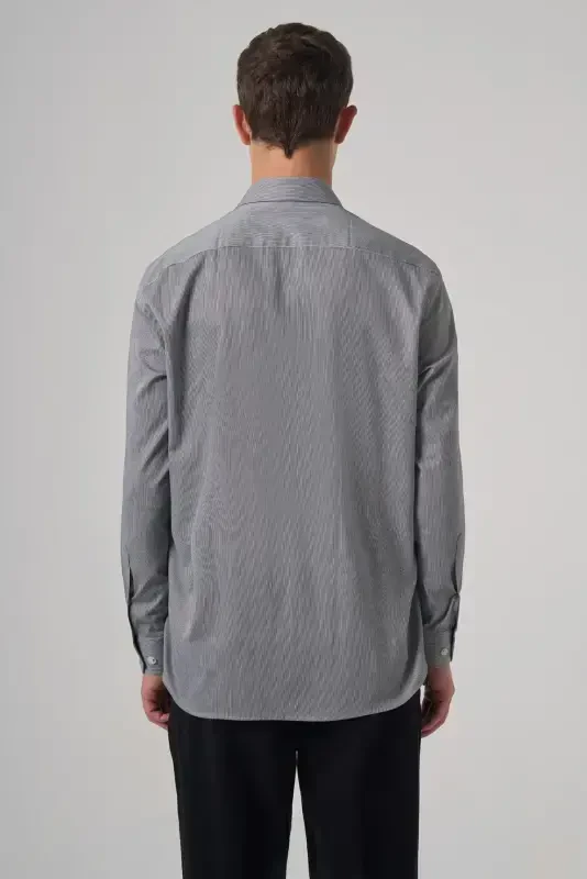 Morven Erkek Siyah Pamuk Trend Çizgili Regular Fit Sert Yaka Gömlek - 5