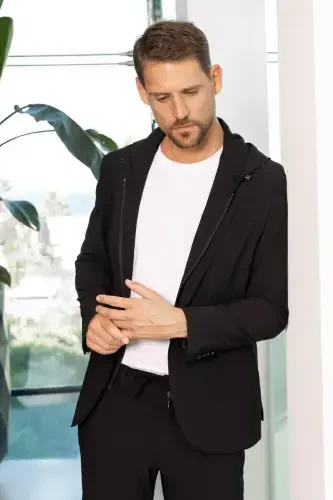 Morven Erkek Siyah Polyamide Torba Cep Kapüşonlu Slim Fit Mono Yaka Spor Takım Elbise - 4