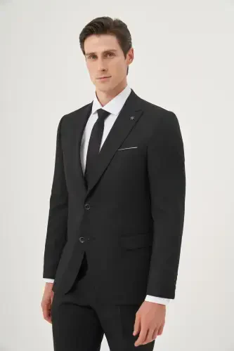 Morven Erkek Siyah Poliviskon Basic Jakarlı Slim Fit Sivri Yaka Takım Elbise - MORVEN (1)