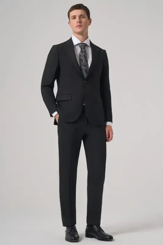 Morven Erkek Siyah Poliviskon Basic Slim Fit Sivri Yaka Takım Elbise - 5