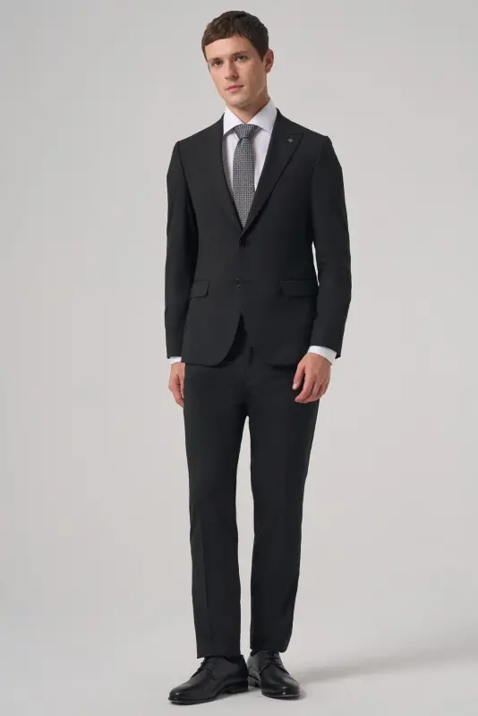 Morven Erkek Siyah Poliviskon Basic Slim Fit Sivri Yaka Takım Elbise - 4