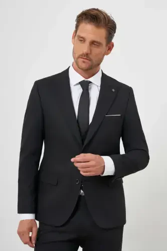 Morven Erkek Siyah Poliviskon Basic Yelekli Jakar Desen Slim Fit Sivri Yaka Takım Elbise - 4