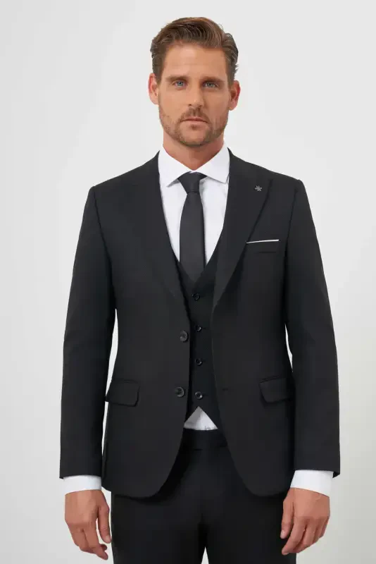 Morven Erkek Siyah Poliviskon Basic Yelekli Jakar Desen Slim Fit Sivri Yaka Takım Elbise - 5