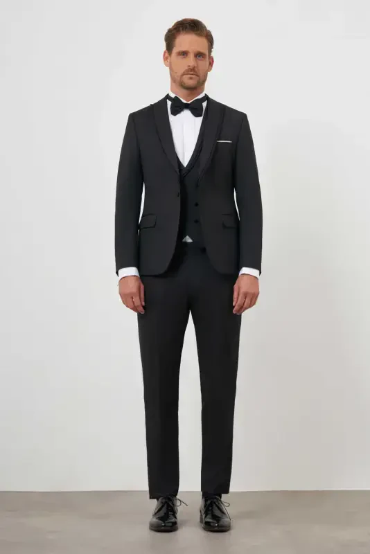 Morven Erkek Siyah Poliviskon Ceramonia Düz Desen Slim Fit Sivri Çıkma Yaka Damatlık - 1