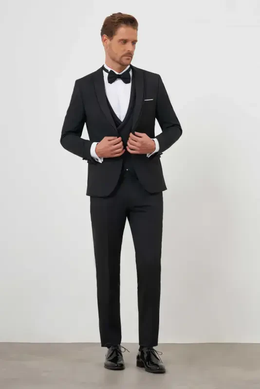 Morven Erkek Siyah Poliviskon Ceramonia Düz Desen Slim Fit Sivri Çıkma Yaka Damatlık - 2