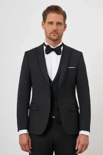 Morven Erkek Siyah Poliviskon Ceramonia Düz Desen Slim Fit Sivri Çıkma Yaka Damatlık - 3
