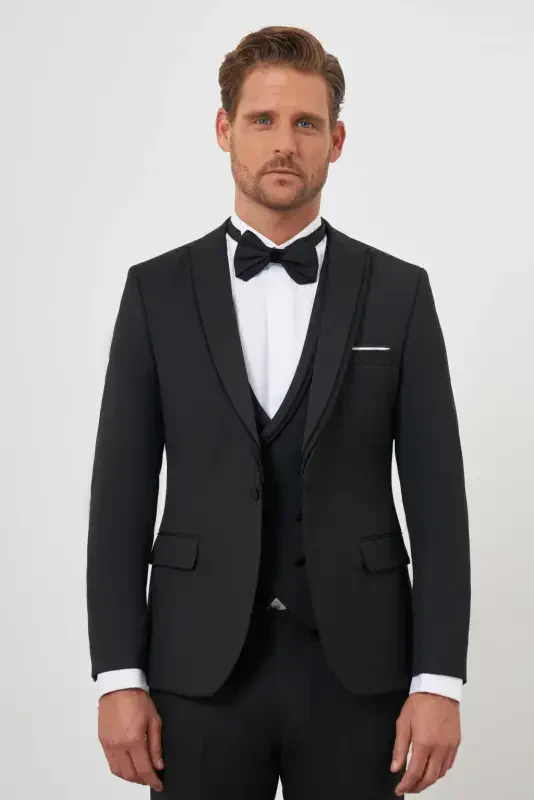 Morven Erkek Siyah Poliviskon Ceramonia Düz Desen Slim Fit Sivri Çıkma Yaka Damatlık - 3