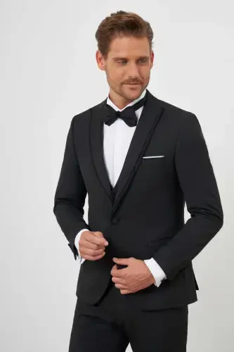 Morven Erkek Siyah Poliviskon Ceramonia Düz Desen Slim Fit Sivri Çıkma Yaka Damatlık - 4