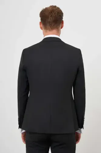 Morven Erkek Siyah Poliviskon Ceramonia Düz Desen Slim Fit Sivri Çıkma Yaka Damatlık - 5