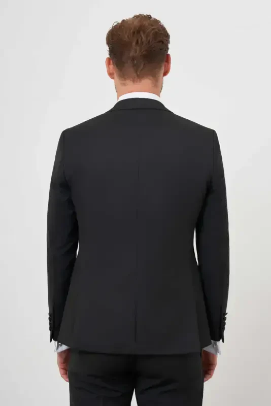 Morven Erkek Siyah Poliviskon Ceramonia Düz Desen Slim Fit Sivri Çıkma Yaka Damatlık - 5