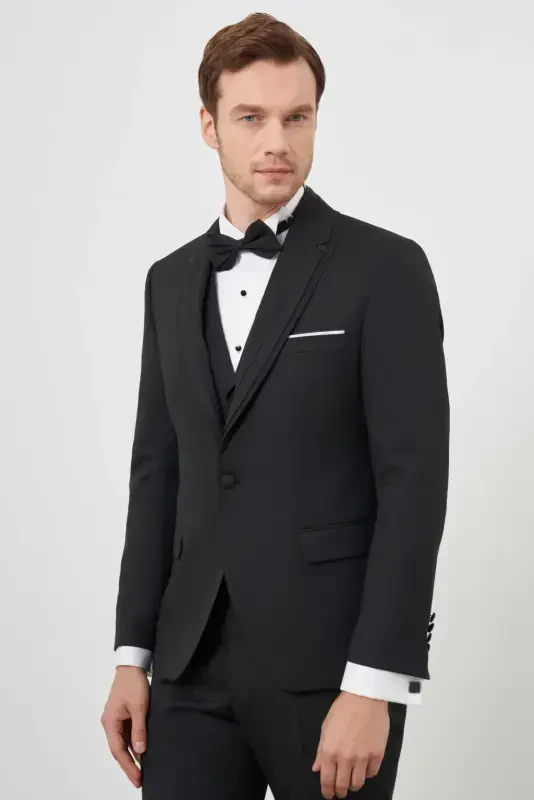 Modazone Erkek Siyah Poliviskon Ceromonia Jakar Desen Slim Fit Şal Çıkma Yaka Damatlık - 3