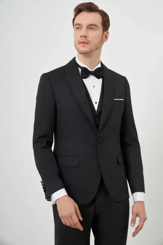 Modazone Erkek Siyah Poliviskon Ceromonia Jakar Desen Slim Fit Şal Çıkma Yaka Damatlık - 5