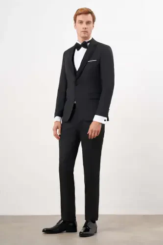 Morven Erkek Siyah Poliviskon Ceromonia Jakar Desen Slim Fit Şal Çıkma Yaka Damatlık - MORVEN (1)