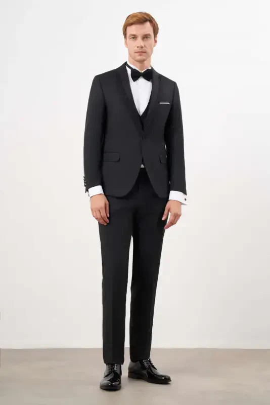 Modazone Erkek Siyah Poliviskon Ceromonia Jakar Desen Slim Fit Şal Çıkma Yaka Damatlık - 1