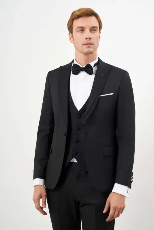 Morven Erkek Siyah Poliviskon Ceromonia Jakar Desen Slim Fit Sivri Çıkma Yaka Damatlık - 1