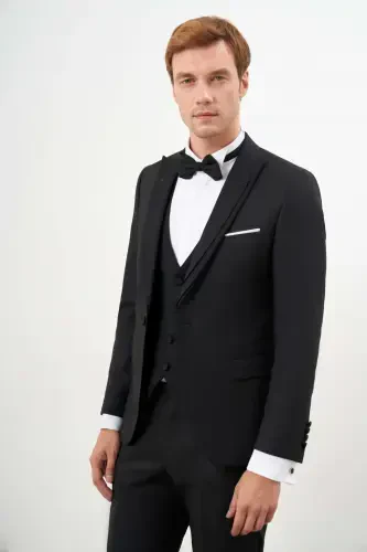 Morven Erkek Siyah Poliviskon Ceromonia Jakar Desen Slim Fit Sivri Çıkma Yaka Damatlık - 3