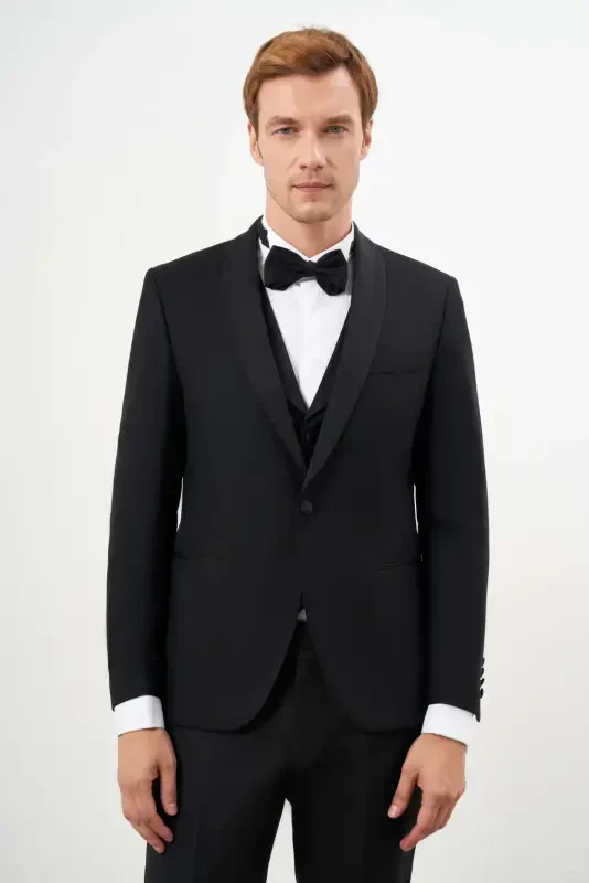 Morven Erkek Siyah Poliviskon Ceromonia Santorini Slim Fit Şal Yaka Damatlık - 1