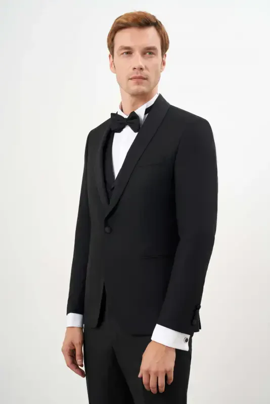 Morven Erkek Siyah Poliviskon Ceromonia Santorini Slim Fit Şal Yaka Damatlık - 2