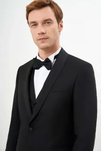 Morven Erkek Siyah Poliviskon Ceromonia Santorini Slim Fit Şal Yaka Damatlık - 3