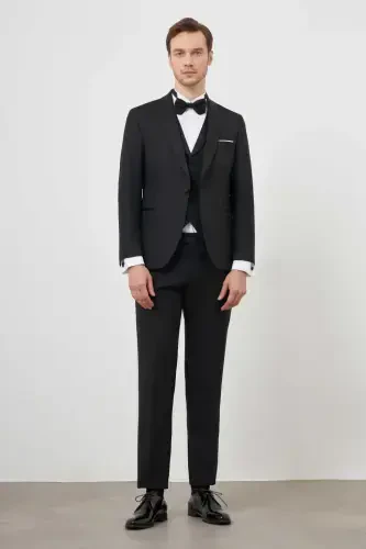 Morven Erkek Siyah Poliviskon Ceromonia Santorini Slim Fit Şal Yaka Damatlık - MORVEN (1)