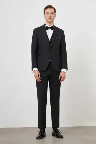 Morven Erkek Siyah Poliviskon Ceromonia Santorini Slim Fit Şal Yaka Damatlık - MORVEN (1)