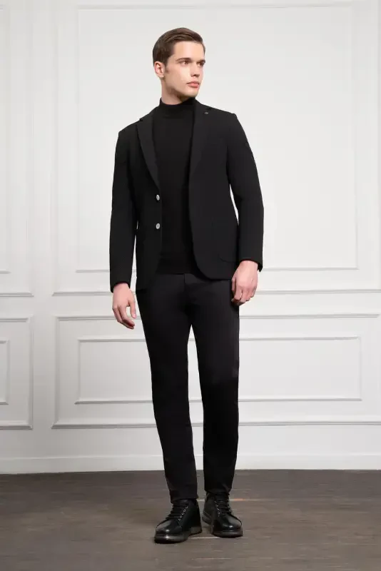 Morven Erkek Siyah Poliviskon Dokuma Desenli Slim Fit Dar Kesim Mono Yaka Ceket - 2