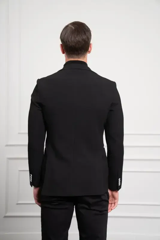 Morven Erkek Siyah Poliviskon Dokuma Desenli Slim Fit Dar Kesim Mono Yaka Ceket - 5