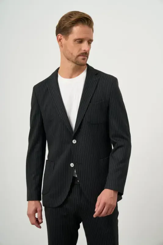 Morven Erkek Siyah Poliviskon Trend Çizgili Desen Slim Fit Mono Yaka Takım Elbise - 2
