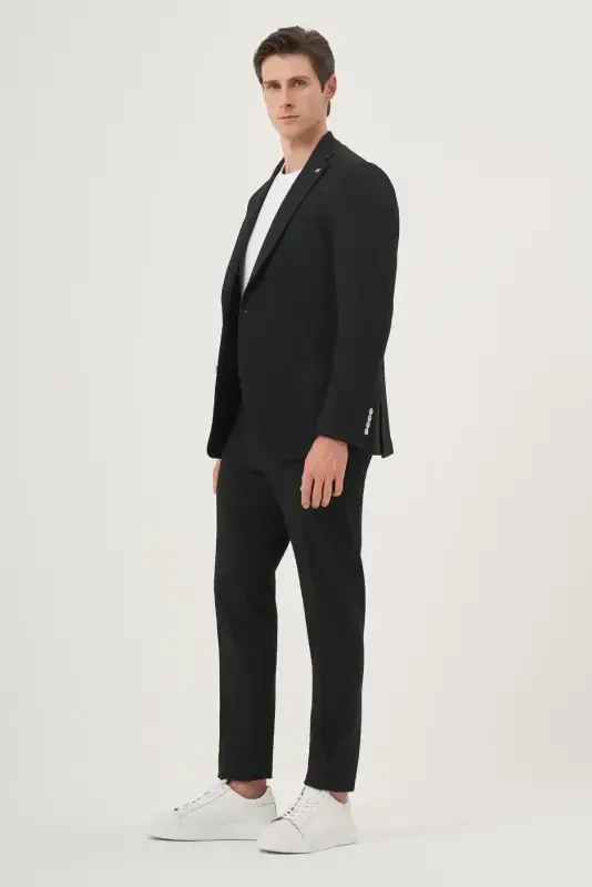 Morven Erkek Siyah Poliviskon Trend Çizgili Slim Fit Mono Yaka Takım Elbise - 3