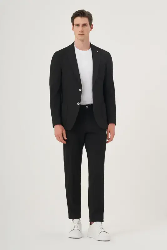 Morven Erkek Siyah Poliviskon Trend Çizgili Slim Fit Mono Yaka Takım Elbise - 4
