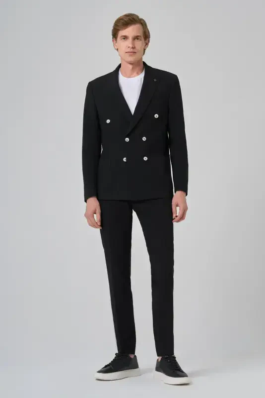 Modazone Erkek Siyah Poliviskon Trend Çizgili Slim Fit Sivri Yaka Kruvaze Takım Elbise - MORVEN