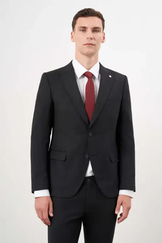 Morven Erkek Siyah Poliviskon Trend Desenli Slim Fit Sivri Yaka Takım Elbise - 2