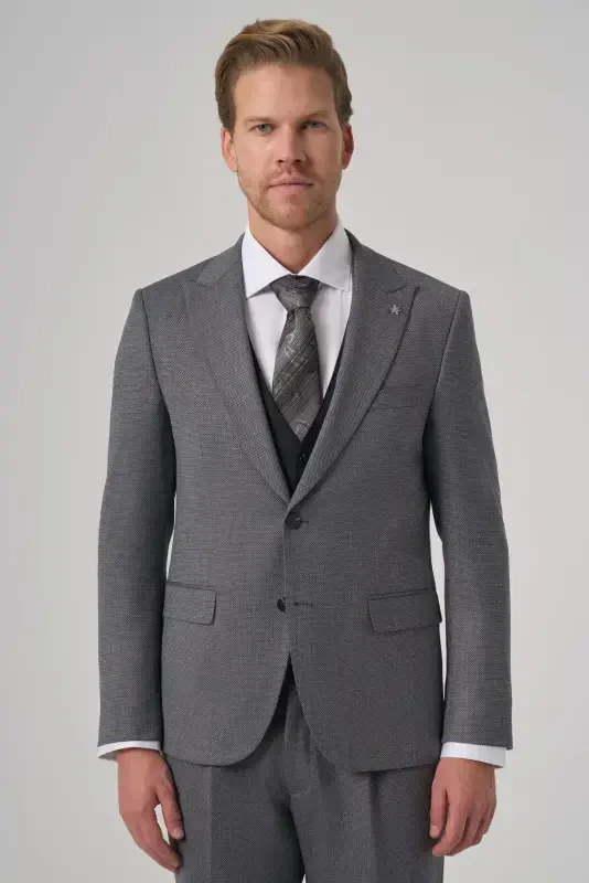 Morven Erkek Siyah Poliviskon Trend Desenli Slim Fit Yelekli Kombinli Takım Elbise - 1