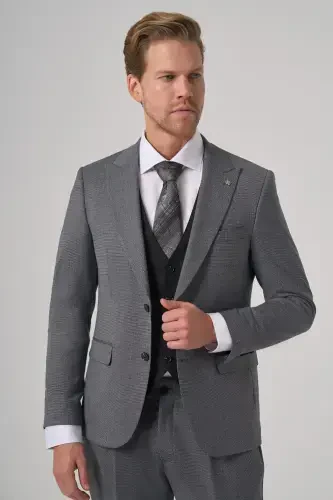 Morven Erkek Siyah Poliviskon Trend Desenli Slim Fit Yelekli Kombinli Takım Elbise - 3