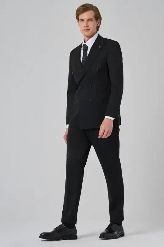 Morven Erkek Siyah Poliviskon Trend Düz Desen Slim Fit Sivri Yaka Kruvaze Takım Elbise - 1