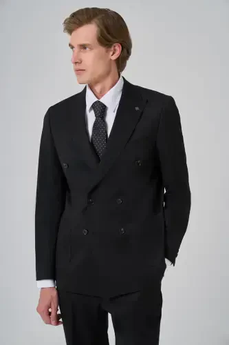 Morven Erkek Siyah Poliviskon Trend Düz Desen Slim Fit Sivri Yaka Kruvaze Takım Elbise - 2