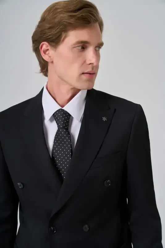 Morven Erkek Siyah Poliviskon Trend Düz Desen Slim Fit Sivri Yaka Kruvaze Takım Elbise - 3