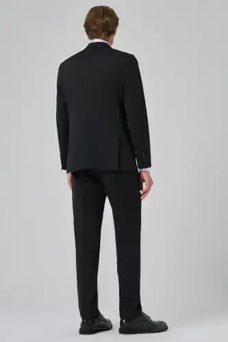 Morven Erkek Siyah Poliviskon Trend Düz Desen Slim Fit Sivri Yaka Kruvaze Takım Elbise - 4