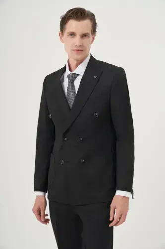 Morven Erkek Siyah Poliviskon Trend Düz Slim Fit Sivri Yaka Kruvaze Takım Elbise - 1