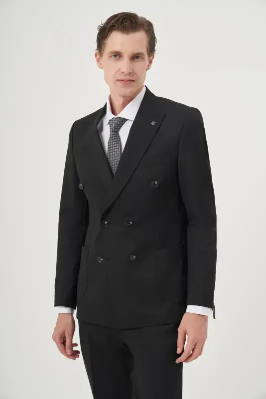 Morven Erkek Siyah Poliviskon Trend Düz Slim Fit Sivri Yaka Kruvaze Takım Elbise - 1