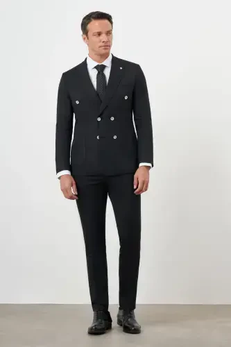 Morven Erkek Siyah Poliviskon Trend Kruvaze Slim Fit Sivri Yaka Takım Elbise - 2