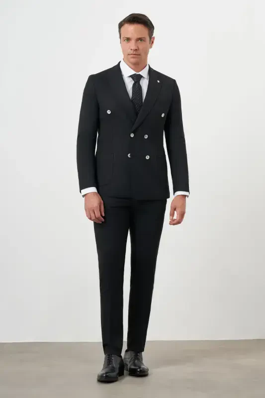 Morven Erkek Siyah Poliviskon Trend Kruvaze Slim Fit Sivri Yaka Takım Elbise - 3