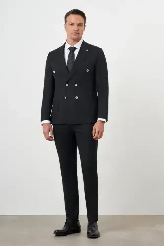 Morven Erkek Siyah Poliviskon Trend Kruvaze Slim Fit Sivri Yaka Takım Elbise - 4