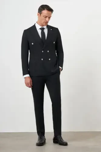 Morven Erkek Siyah Poliviskon Trend Kruvaze Slim Fit Sivri Yaka Takım Elbise - 5