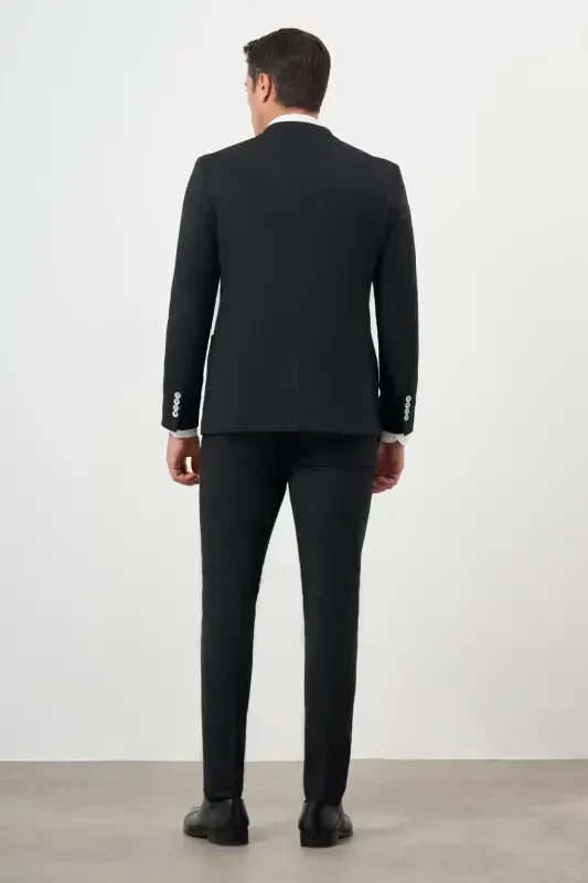 Morven Erkek Siyah Poliviskon Trend Kruvaze Slim Fit Sivri Yaka Takım Elbise - 9