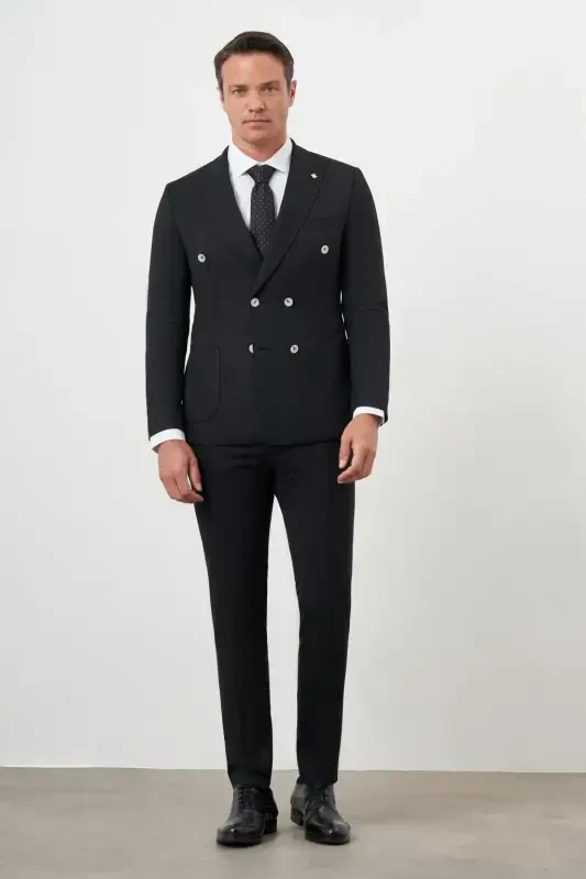 Modazone Erkek Siyah Poliviskon Trend Kruvaze Slim Fit Sivri Yaka Takım Elbise - MORVEN