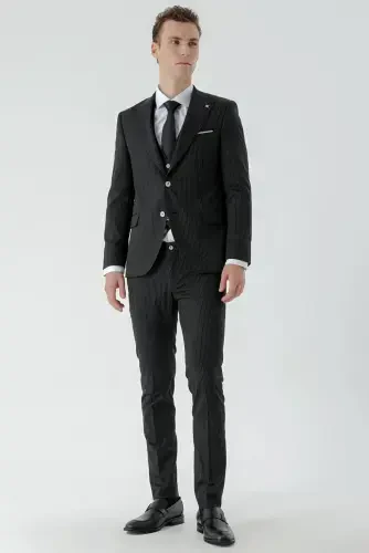 Morven Erkek Siyah Poliviskon Trend Yelekli Çizgili Desen Slim Fit Sivri Yaka Takım Elbise - MORVEN (1)